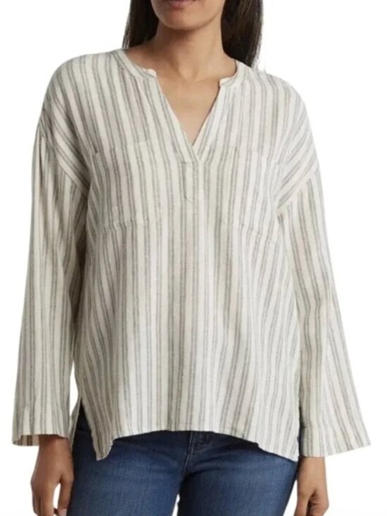 Madewell Tops - Madewell Cream and Gray Striped V-Neck Blouse